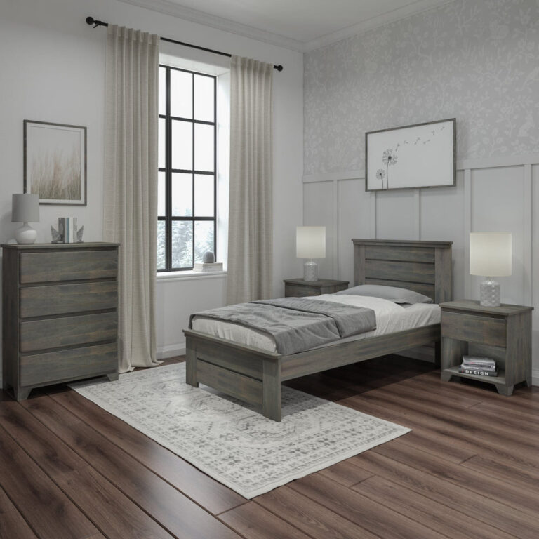 Max And Lily Modern Farmhouse Twin Panel Bed Driftwood Room Scene 6 Max and Lily Modern Farmhouse Twin Panel Bed in Driftwood - bedroom setting with a matching four-drawer dresser, nightstands, and window curtains