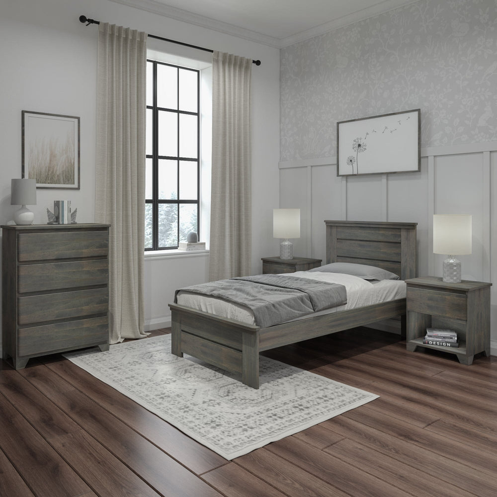 Max and Lily Modern Farmhouse Twin Panel Bed in Driftwood - bedroom setting with a matching four-drawer dresser, nightstands, and window curtains