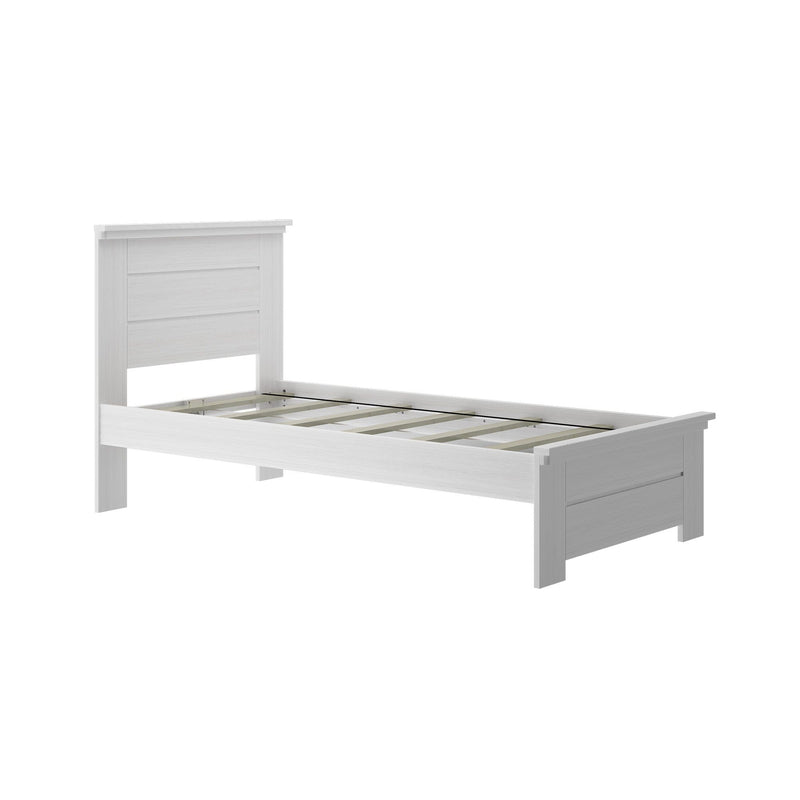 Max and Lily Modern Farmhouse Twin Panel Bed in White Wash - angled view of the bare frame showing the exposed wooden slat support.