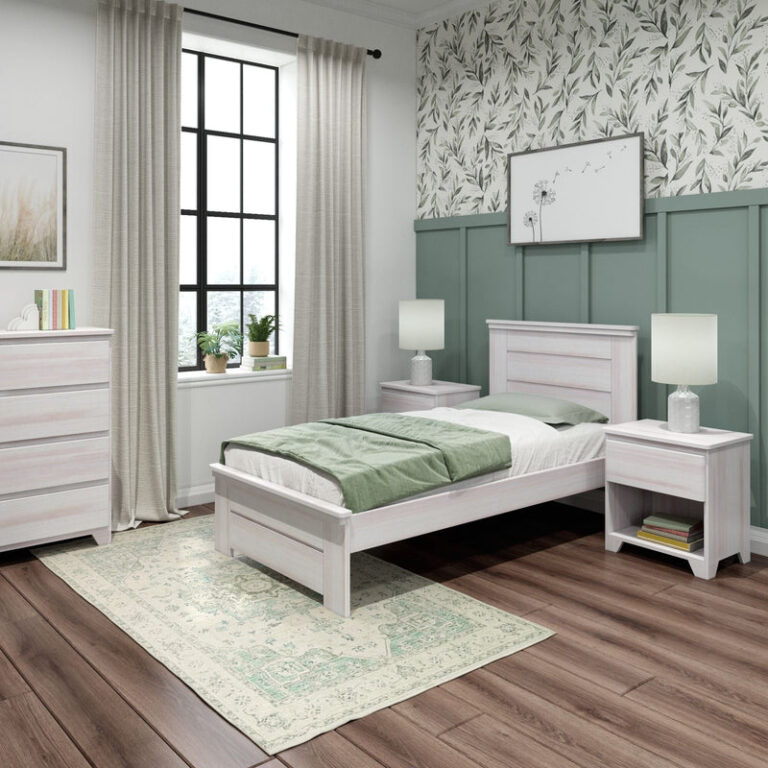 Max And Lily Modern Farmhouse Twin Panel Bed White Wash Room Scene 6 Max and Lily Modern Farmhouse Twin Panel Bed in White Wash - full bedroom scene with matching dresser, nightstands, lamps, and window curtains.