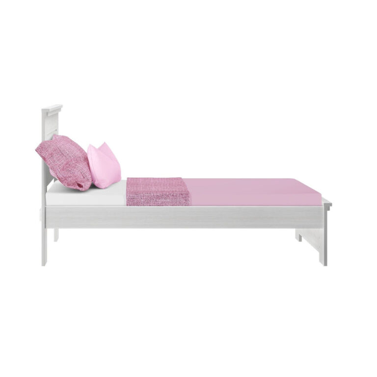 Max And Lily Modern Farmhouse Twin Panel Bed White Wash Side View Max and Lily Modern Farmhouse Twin Panel Bed in White Wash - side profile with mattress and pink pillows.