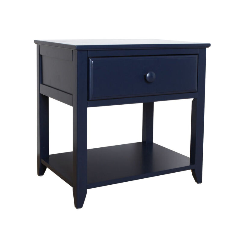 Max And Lily Night Stand With Drawer And Shelf Blue Angle View Max and Lily Night Stand With Drawer and Shelf in Blue - angled view showing the drawer, lower shelf, and tapered legs