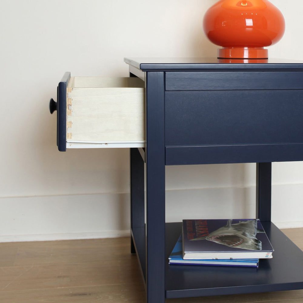 Max and Lily Night Stand With Drawer and Shelf in Blue - open drawer showing the dovetail joinery and interior