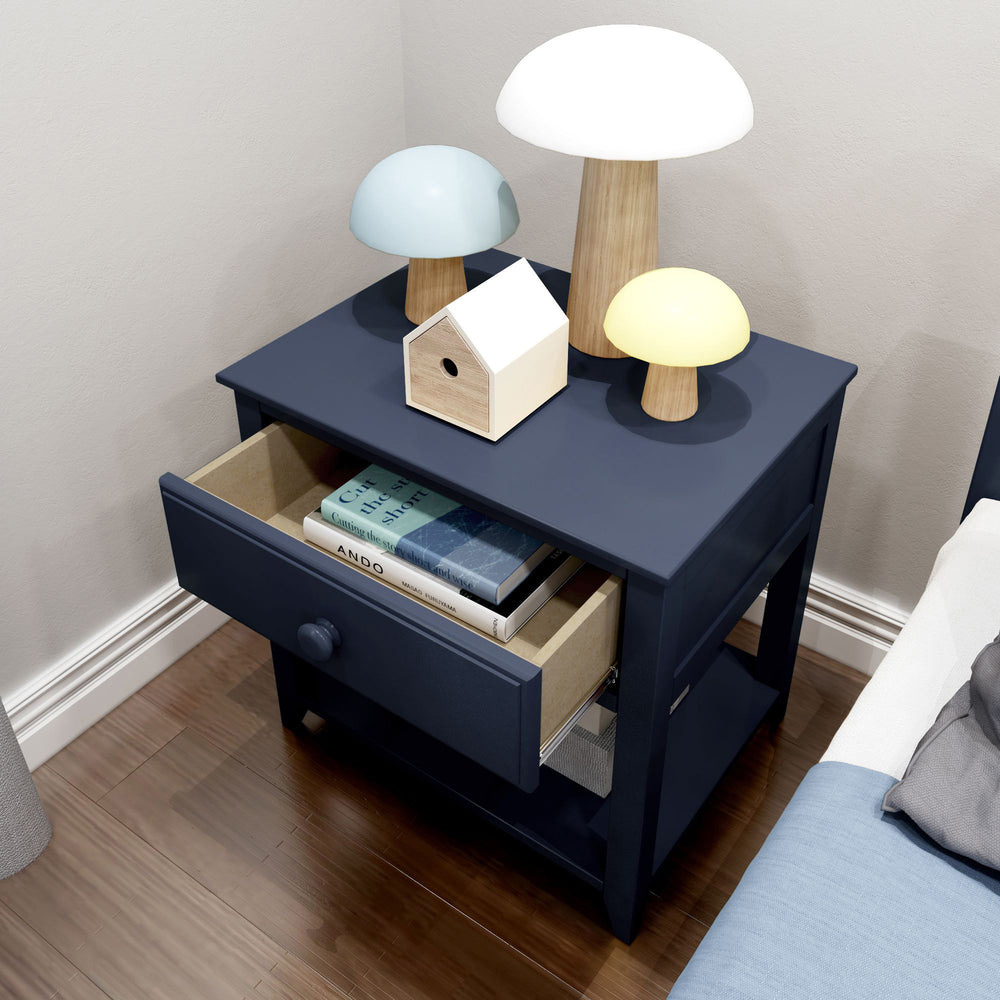 Max and Lily Night Stand With Drawer and Shelf in Blue - overhead view with the drawer open and books stored inside