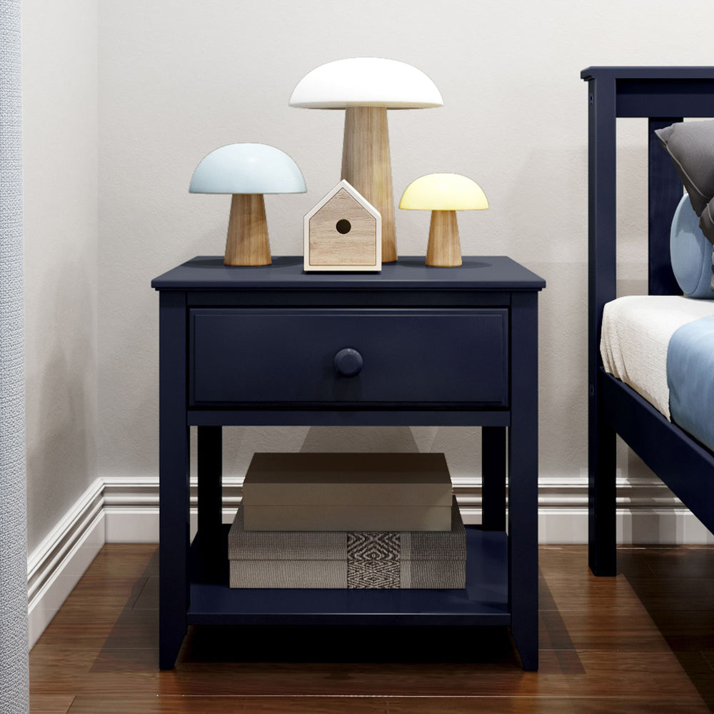 Max and Lily Night Stand With Drawer and Shelf in Blue - front view with mushroom lamps on top and books on the lower shelf