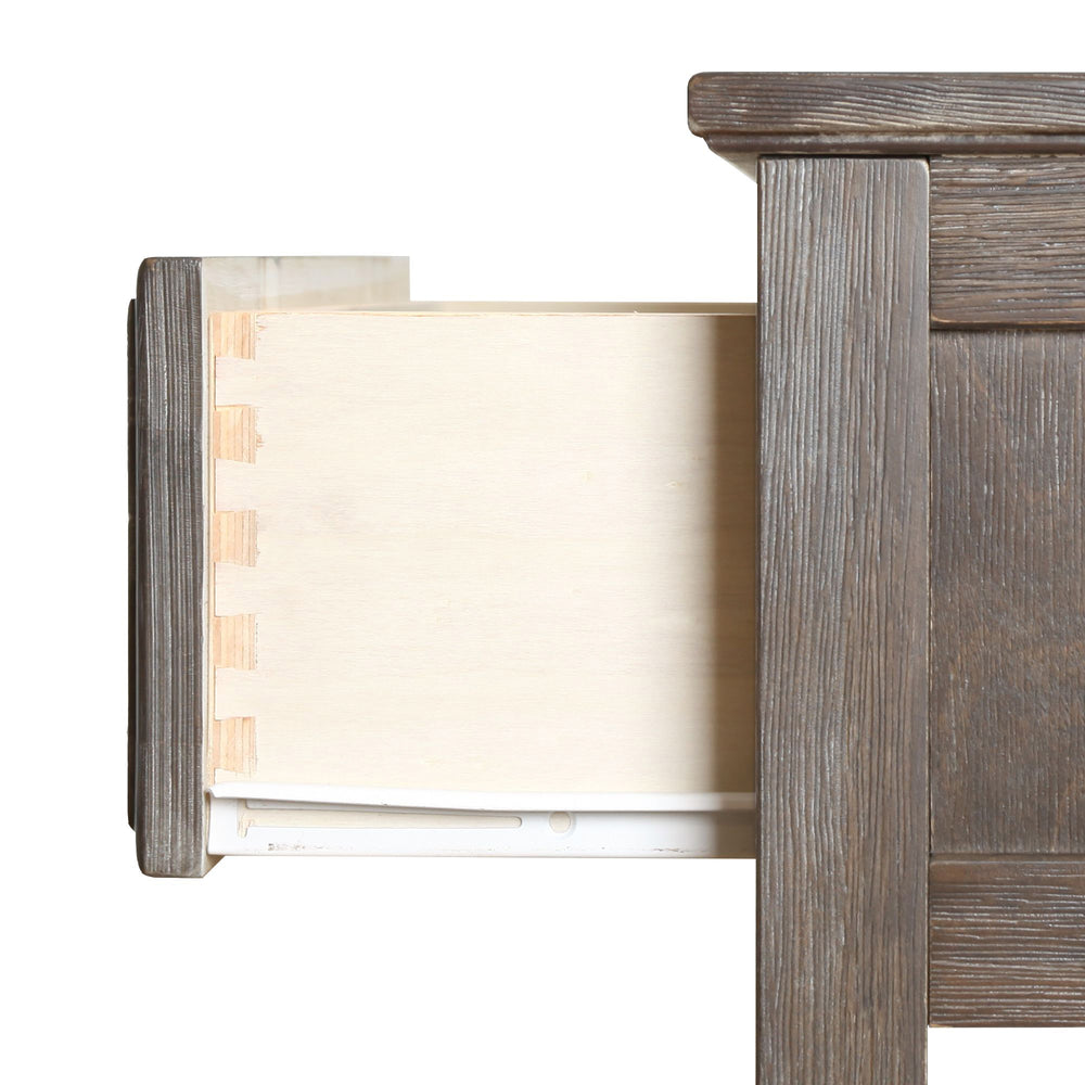 Max and Lily Night Stand With Drawer and Shelf in Clay - close-up of the drawer construction showing dovetail joints and solid-wood build.