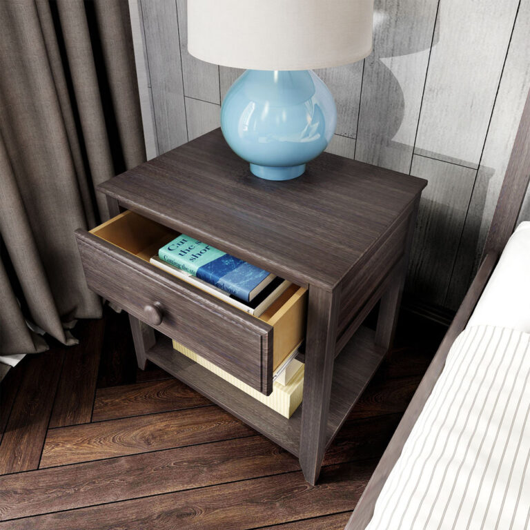 Max And Lily Night Stand With Drawer And Shelf Clay Drawer Open 2 Max and Lily Night Stand With Drawer and Shelf in Clay - angled view with the drawer pulled open to reveal books stored inside and a lamp on top.