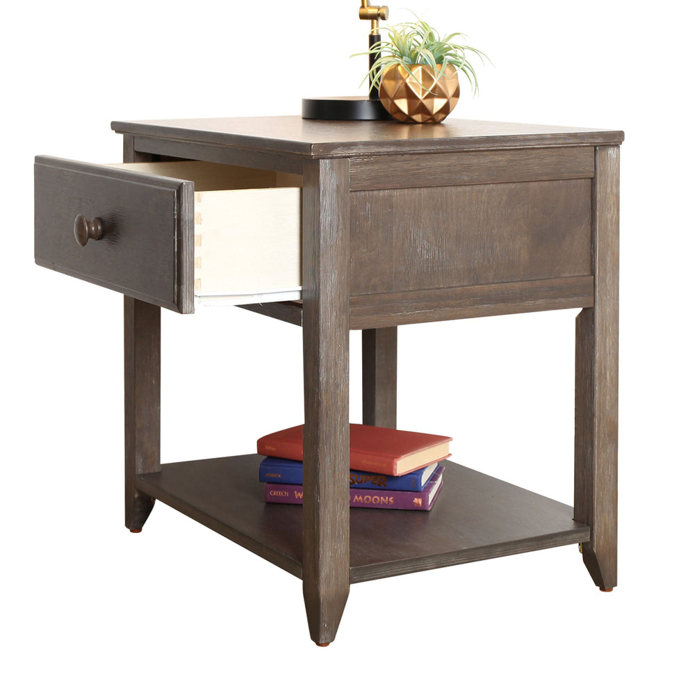 Max and Lily Night Stand With Drawer and Shelf in Clay - side angle with the drawer pulled open showing dovetail joinery and books on the lower shelf.