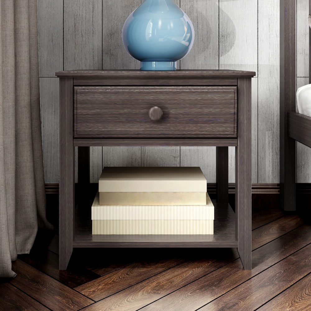 Max and Lily Night Stand With Drawer and Shelf in Clay - styled in a bedroom with a lamp base on top and decorative boxes on the open lower shelf.