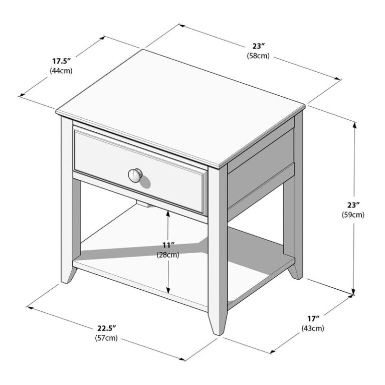 Max And Lily Night Stand With Drawer And Shelf Natural Dimensions Diagram 17 Max and Lily Night Stand With Drawer and Shelf - dimensions diagram with measurements in inches and centimetres, including a 23 inch height and 11 inch clearance above the lower shelf.
