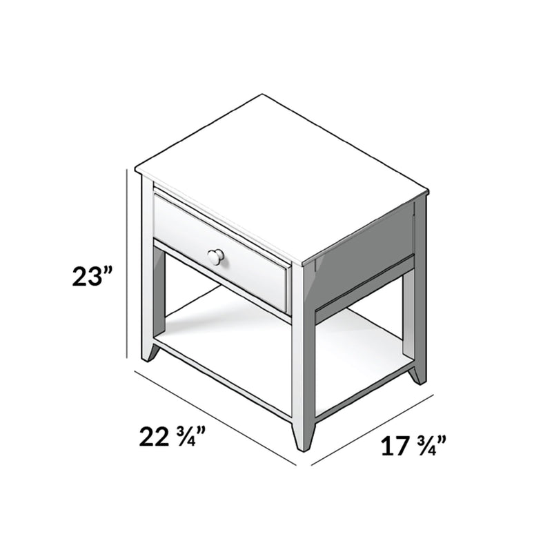 Max and Lily Night Stand With Drawer and Shelf - dimensions diagram showing a height of 23 inches, depth of 22 3/4 inches, and width of 17 3/4 inches.
