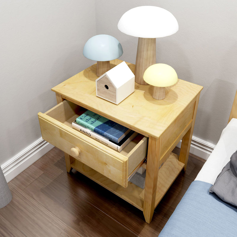 Max and Lily Night Stand With Drawer and Shelf in Natural - angled view with the drawer pulled open revealing books stored inside.
