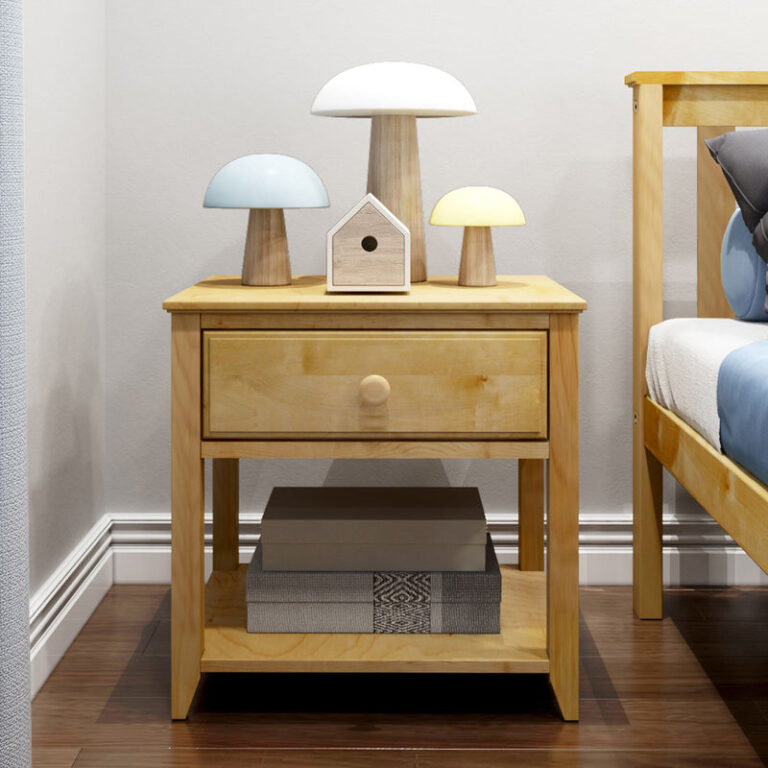 Max And Lily Night Stand With Drawer And Shelf Natural Room Scene 2 Max and Lily Night Stand With Drawer and Shelf in Natural - shown in a bedroom with lamps on top, a closed drawer, and books on the open lower shelf.