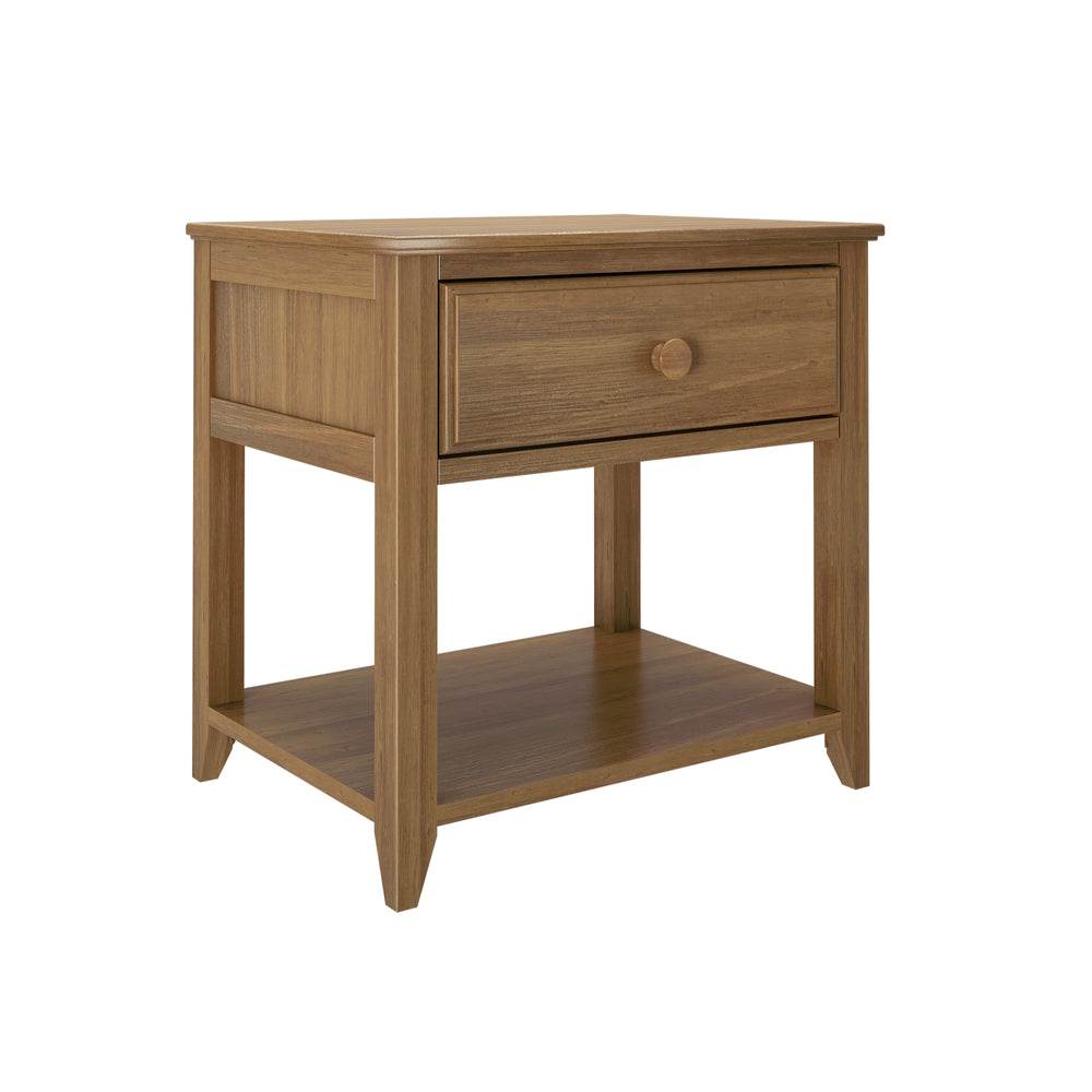 Max and Lily Night Stand With Drawer and Shelf in Pecan - angled front view showing the single drawer and open lower shelf