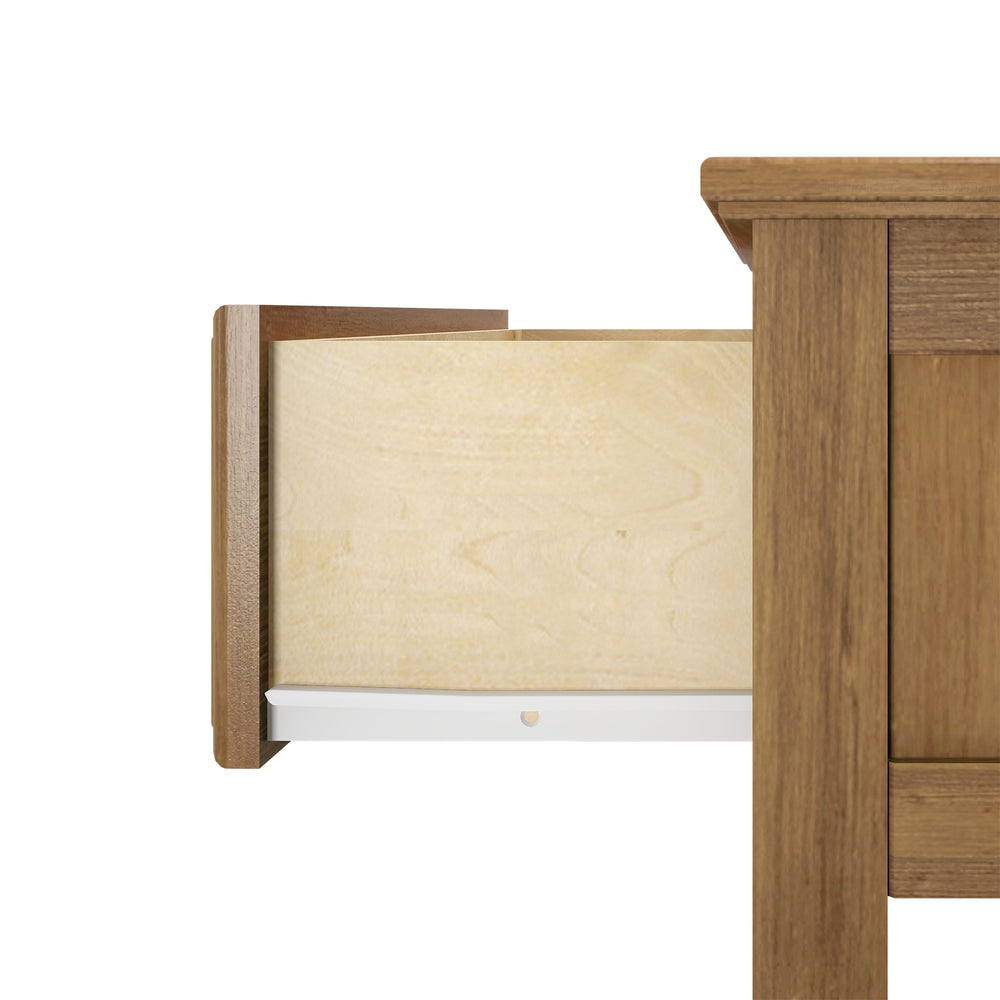 Max and Lily Night Stand With Drawer and Shelf in Pecan - close-up of the open drawer interior and construction