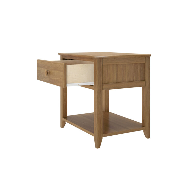 Max And Lily Night Stand With Drawer And Shelf Pecan Drawer Open 4 Max and Lily Night Stand With Drawer and Shelf in Pecan - side view with the drawer pulled fully open