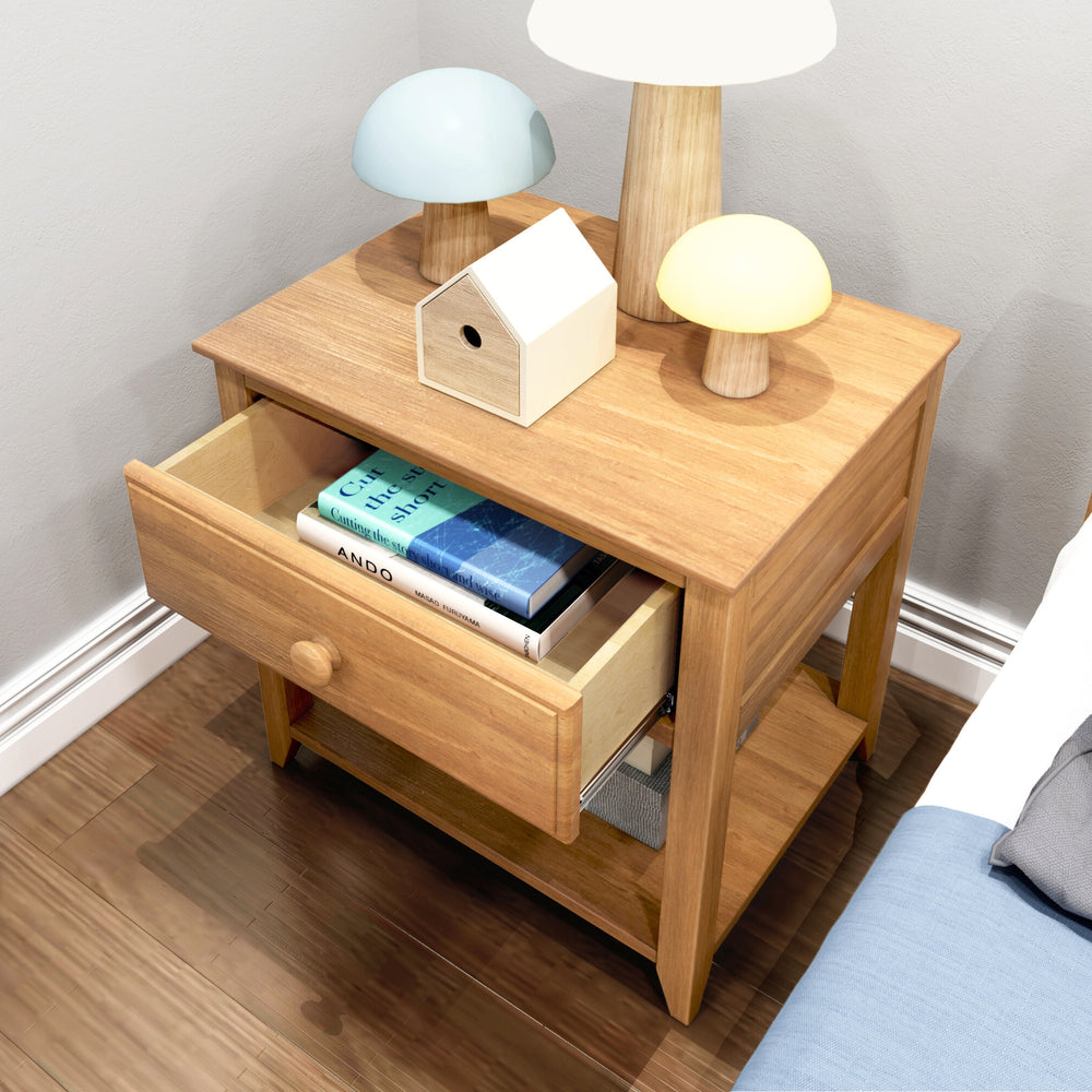 Max and Lily Night Stand With Drawer and Shelf in Pecan - overhead view with the drawer open holding books and lamps on top