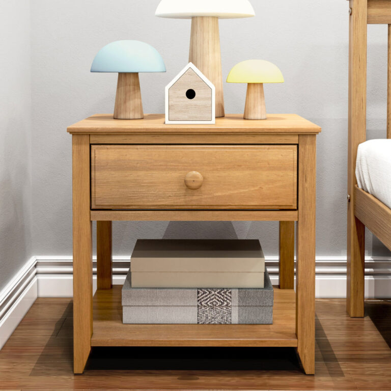 Max And Lily Night Stand With Drawer And Shelf Pecan Room Scene 2 Max and Lily Night Stand With Drawer and Shelf in Pecan - in a bedroom corner with lamps and a birdhouse on top and storage boxes on the lower shelf