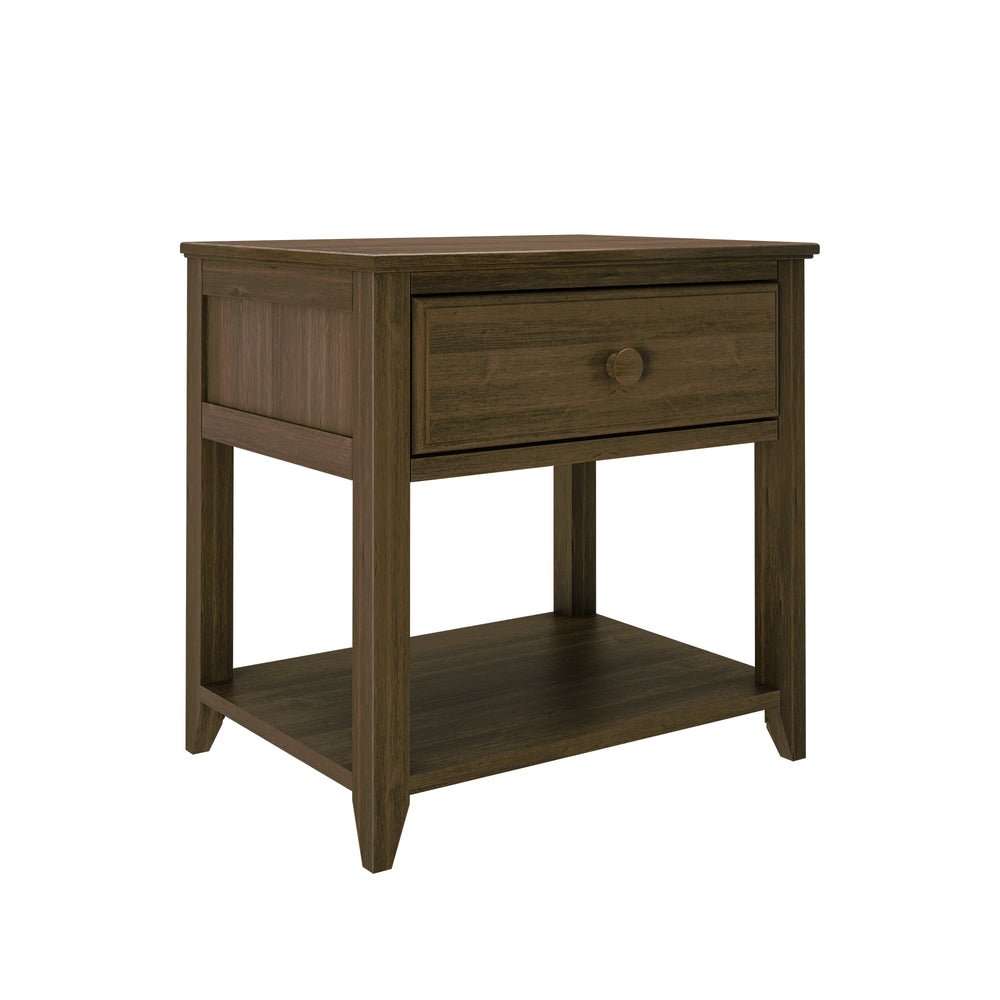 Max and Lily Night Stand With Drawer and Shelf in Walnut - angle view on a white background showing the single drawer with round knob and lower storage shelf.
