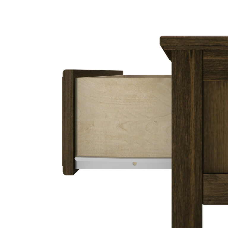 Max And Lily Night Stand With Drawer And Shelf Walnut Drawer Detail Max and Lily Night Stand With Drawer and Shelf in Walnut - close-up of the open drawer showing the natural wood interior and metal glide.