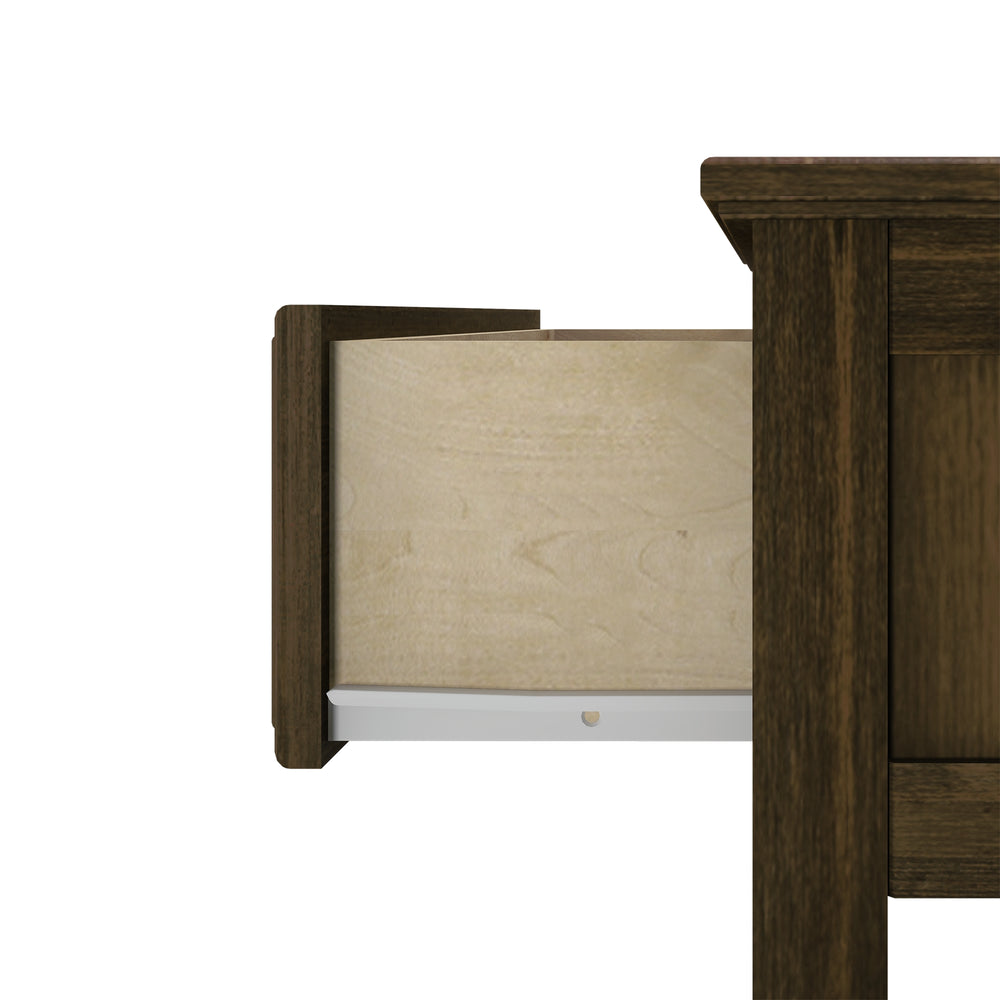 Max and Lily Night Stand With Drawer and Shelf in Walnut - close-up of the open drawer showing the natural wood interior and metal glide.