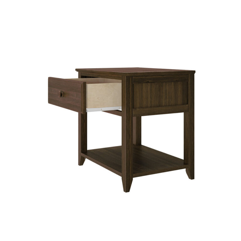 Max And Lily Night Stand With Drawer And Shelf Walnut Drawer Open Max and Lily Night Stand With Drawer and Shelf in Walnut - side view with the drawer pulled open to show the interior and lower shelf.