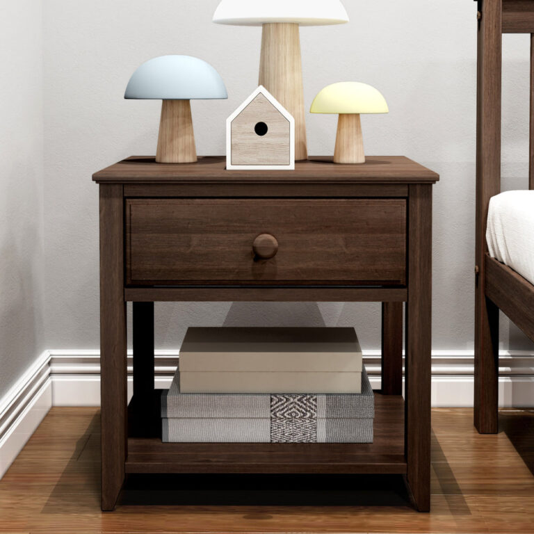 Max And Lily Night Stand With Drawer And Shelf Walnut Front View Max and Lily Night Stand With Drawer and Shelf in Walnut - front view styled with lamps and a birdhouse on top and books on the lower shelf.