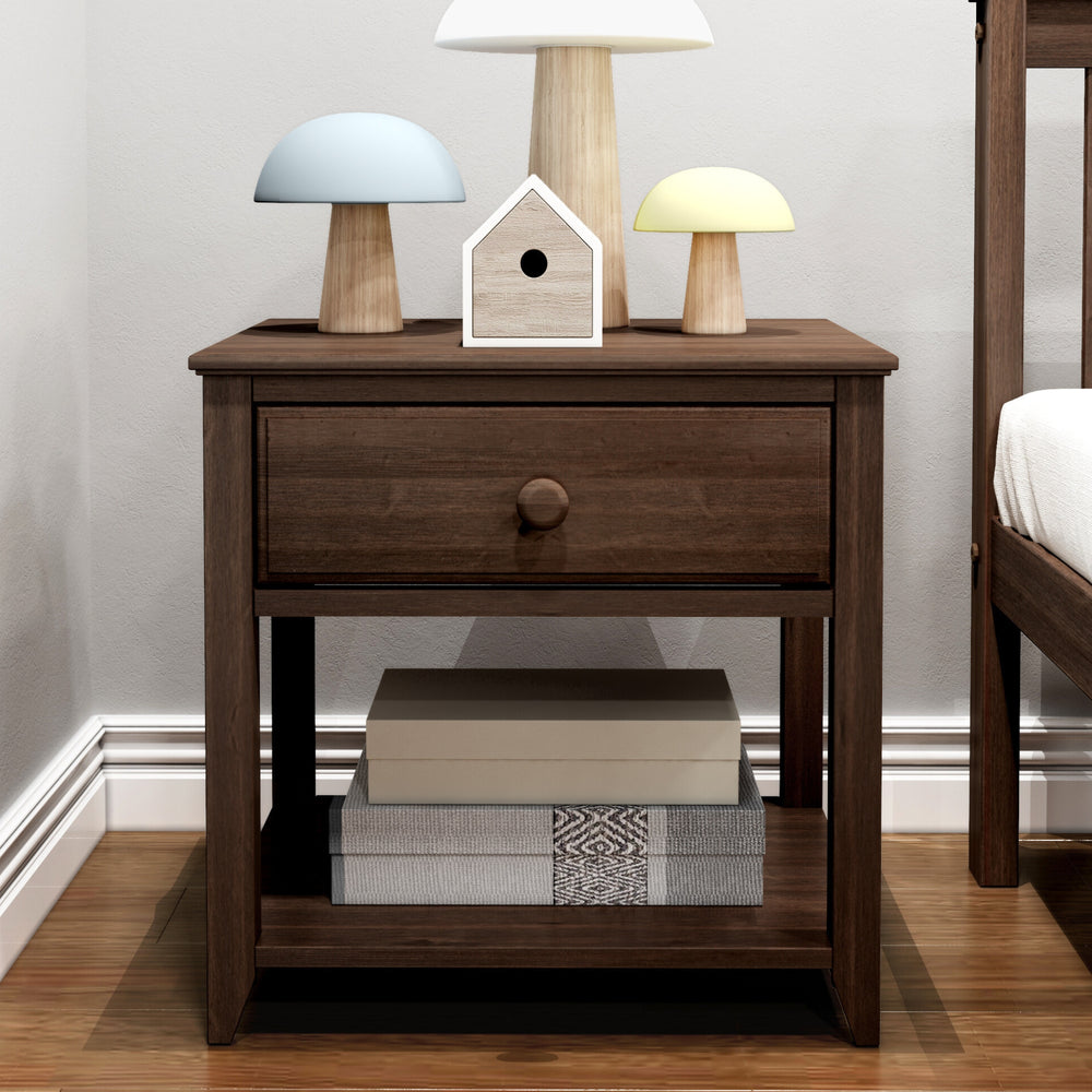 Max and Lily Night Stand With Drawer and Shelf in Walnut - front view styled with lamps and a birdhouse on top and books on the lower shelf.
