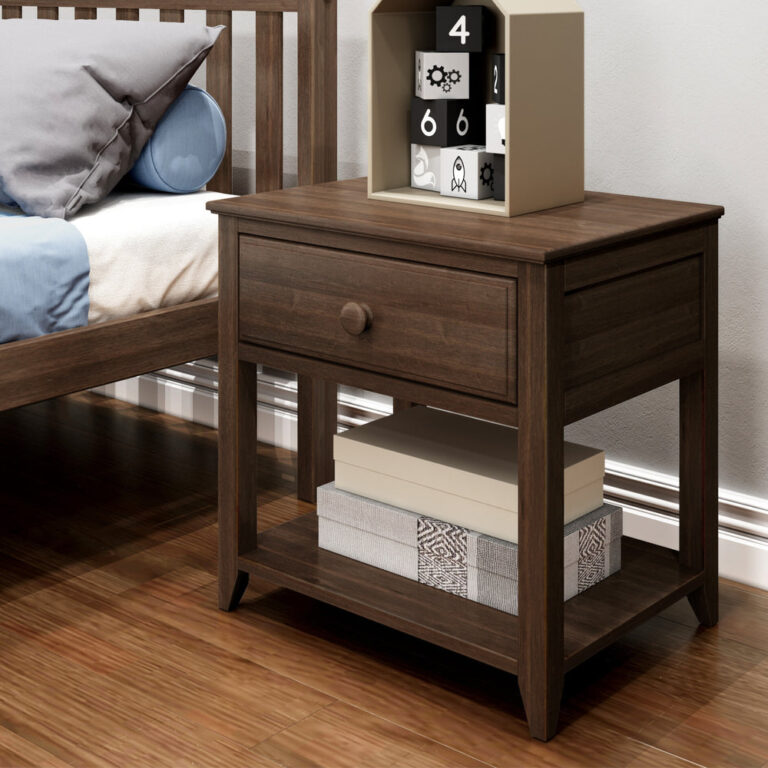Max And Lily Night Stand With Drawer And Shelf Walnut Room Scene 1 Max and Lily Night Stand With Drawer and Shelf in Walnut - placed beside a bed with decorative boxes on top and books stored on the open lower shelf.