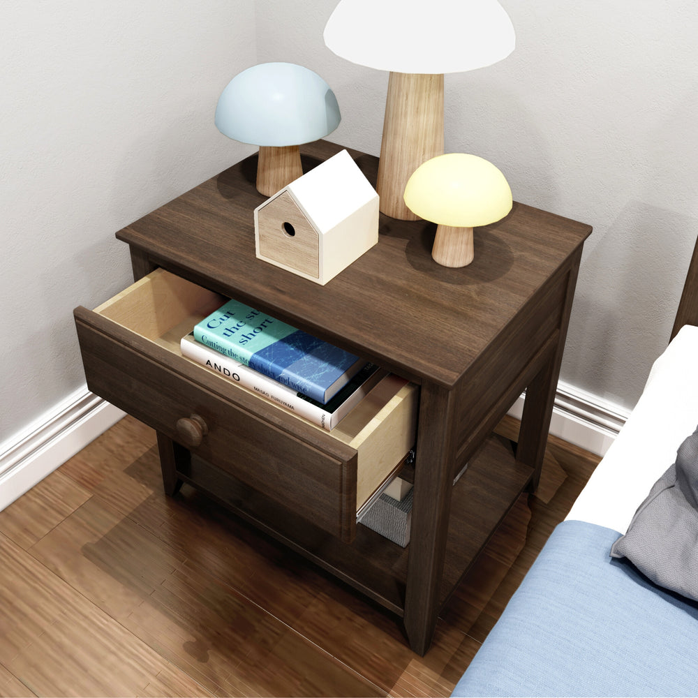Max and Lily Night Stand With Drawer and Shelf in Walnut - overhead room view with the drawer open holding books and lamps arranged on top.
