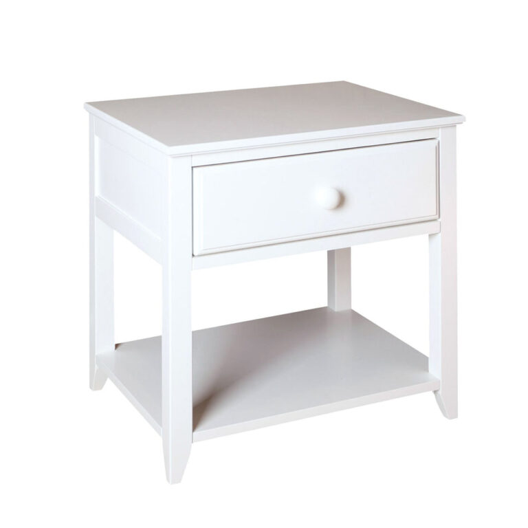 Max And Lily Night Stand With Drawer And Shelf White Angle View Max and Lily Night Stand With Drawer and Shelf in White - angled studio view showing the single drawer with round knob and open lower storage shelf.