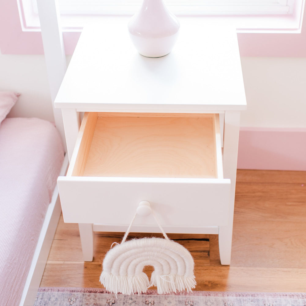 Max and Lily Night Stand With Drawer and Shelf in White - the drawer pulled open to reveal the solid wood interior.