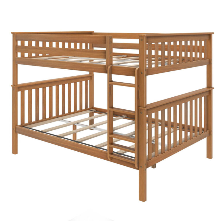 Max and Lily Queen Over Queen Bunk Bed in Pecan - angled view of the bare wood frame with slatted headboards and attached end ladder on a white background.