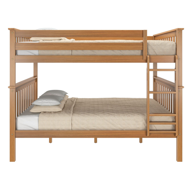 Max and Lily Queen Over Queen Bunk Bed in Pecan - front view with mattresses and pillows showing the safety guardrail and end ladder.