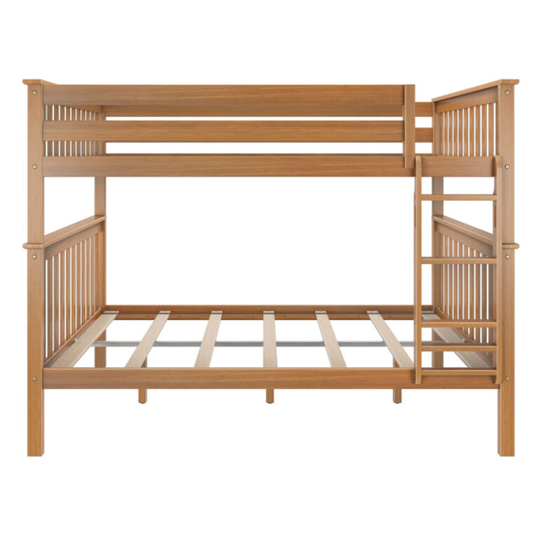 Max and Lily Queen Over Queen Bunk Bed in Pecan - front view of the bare frame showing the wood support slats and safety guardrail.