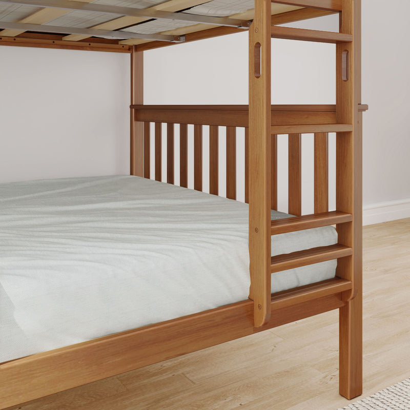 Max and Lily Queen Over Queen Bunk Bed in Pecan - close-up of the grooved ladder attached to the lower bunk end beside the mattress.