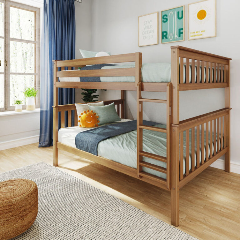 Max and Lily Queen Over Queen Bunk Bed in Pecan - angled view in a styled bedroom with blue curtains, framed wall art, and a woven rug.