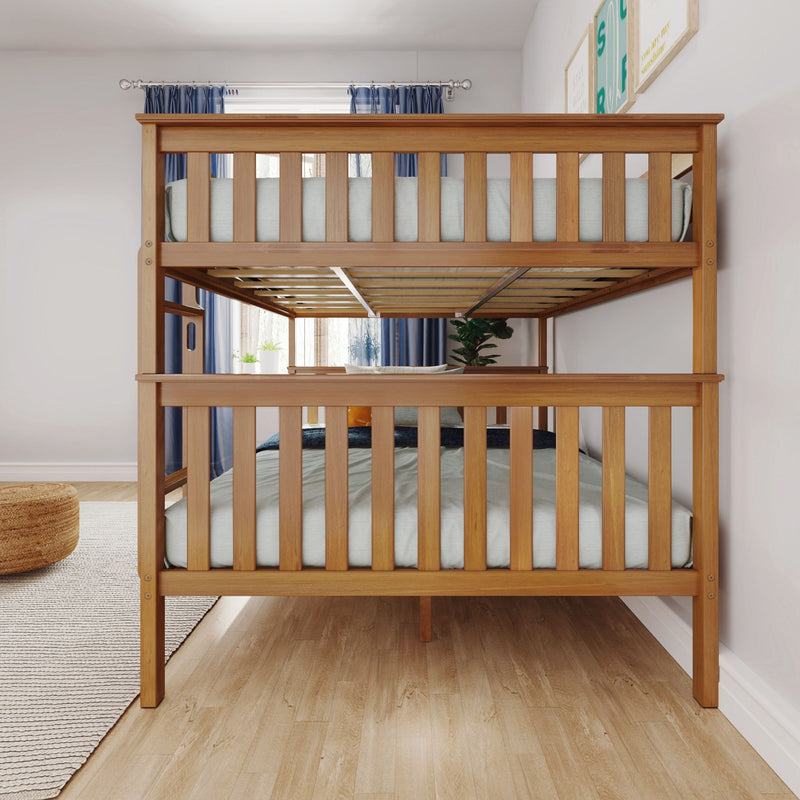 Max and Lily Queen Over Queen Bunk Bed in Pecan - front view in a bedroom showing the vertical clearance between the upper and lower bunks.