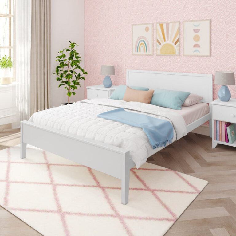 Max and Lily Queen Size Panel Bed in White - styled at an angle in a pink kids' bedroom with matching nightstands, plant and wall art.