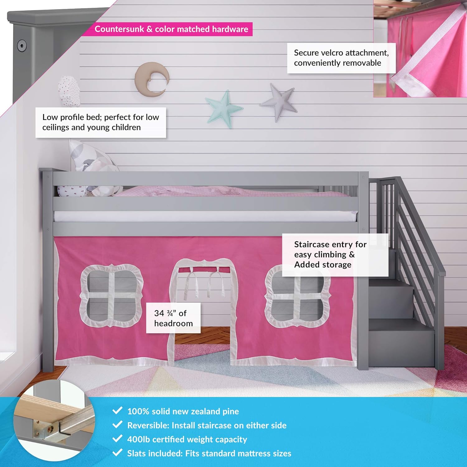 Max and Lily Solid Wood Low Loft Bed With Staircase In Grey Finish and Curtain - features diagram highlighting countersunk color-matched hardware, low profile design, staircase entry with added storage, 34 3/4 inch headroom, and 400 lb weight capacity