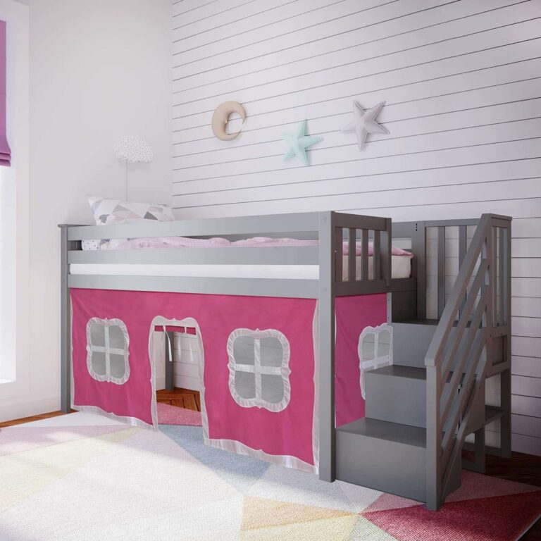 Max and Lily Solid Wood Low Loft Bed With Staircase In Grey Finish and Curtain in Pink/Grey - low loft bed with staircase and pink playhouse curtain tent with windows underneath, styled in a child's bedroom