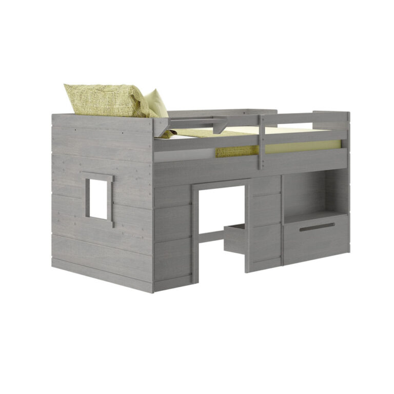 Max and Lily Solid Wood Play and Store Low Loft in Driftwood - angled view on a plain background showing the playhouse window end, open step and storage drawer.