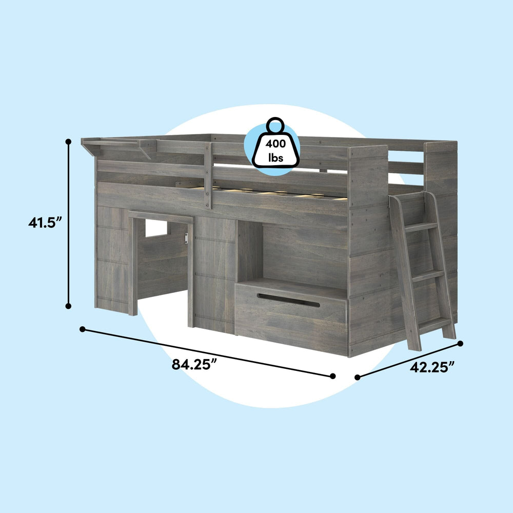 Max and Lily Solid Wood Play and Store Low Loft in Driftwood - dimensions diagram showing the bed is 84.25 inches long, 42.25 inches wide and 41.5 inches tall with a 400 pound weight capacity.