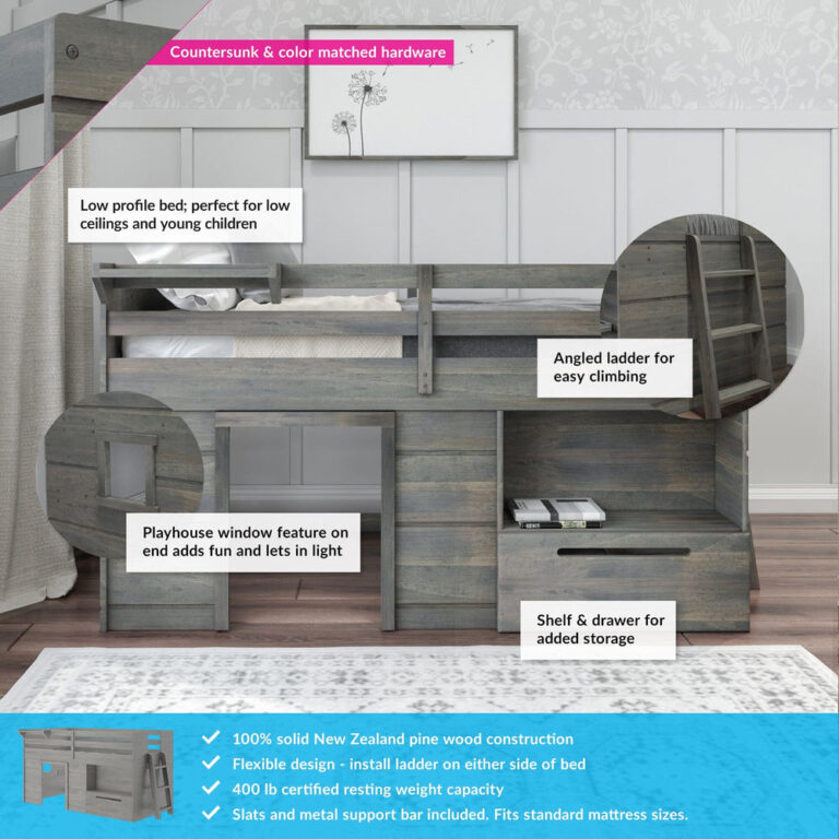 Max and Lily Solid Wood Play and Store Low Loft in Driftwood - feature callouts highlighting countersunk hardware, low profile design, angled ladder, playhouse window and shelf with drawer storage.