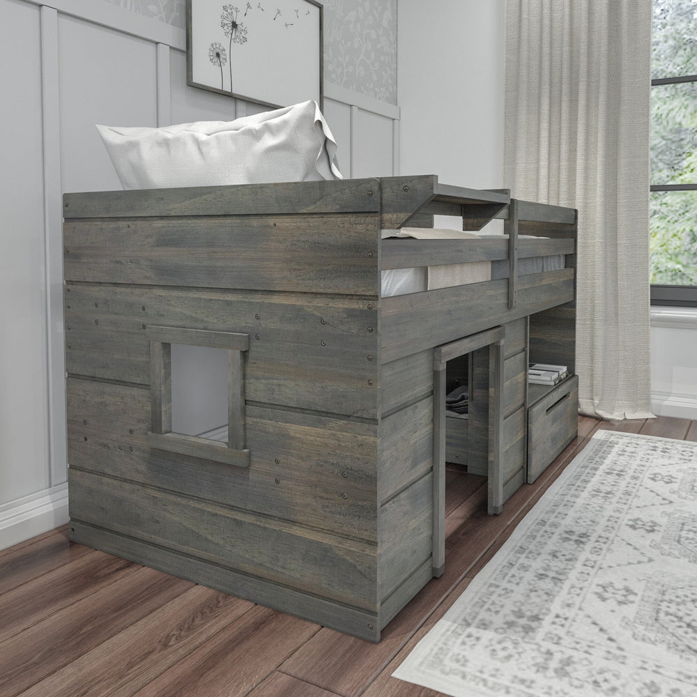 Max and Lily Solid Wood Play and Store Low Loft in Driftwood - bed shown from the end with the cut-out playhouse window and under-bed storage in a bright bedroom.