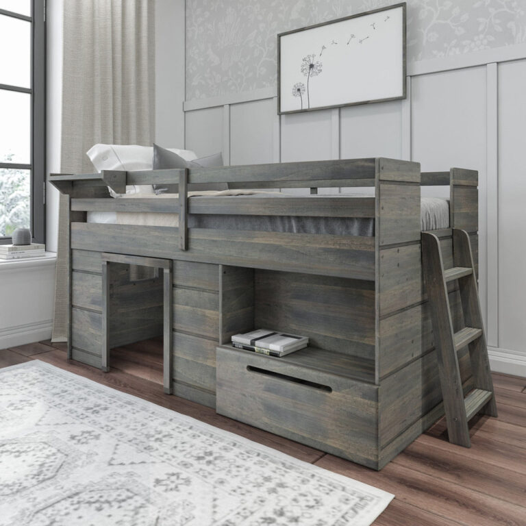 Max and Lily Solid Wood Play and Store Low Loft in Driftwood - low loft bed with under-bed desk nook, storage shelf, drawer and angled ladder in a styled grey bedroom.