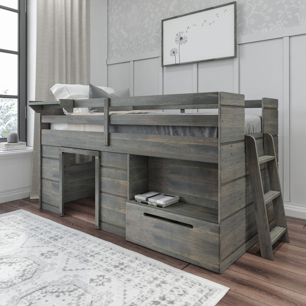 Max and Lily Solid Wood Play and Store Low Loft in Driftwood - low loft bed with under-bed desk nook, storage shelf, drawer and angled ladder in a styled grey bedroom.
