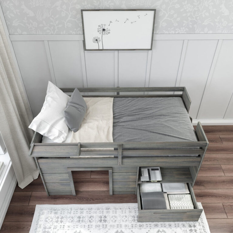 Max and Lily Solid Wood Play and Store Low Loft in Driftwood - overhead view of the made bed with the under-bed storage drawer pulled open and filled with linens and books.