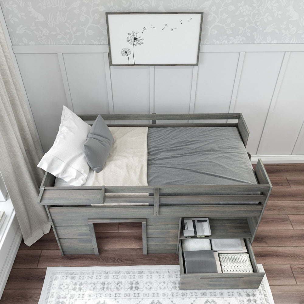 Max and Lily Solid Wood Play and Store Low Loft in Driftwood - overhead view of the made bed with the under-bed storage drawer pulled open and filled with linens and books.