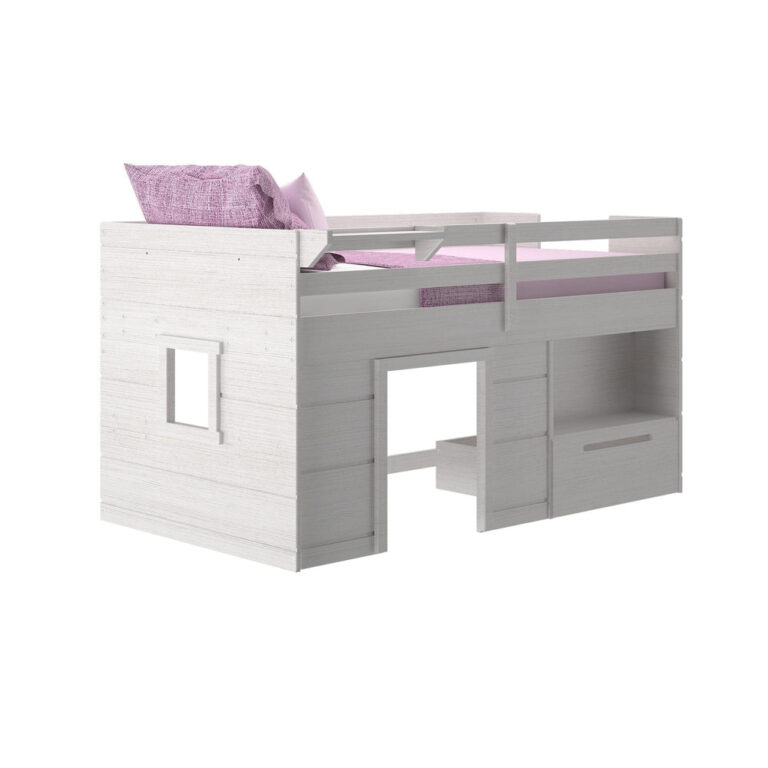 Max and Lily Solid Wood Play and Store Low Loft in White - angled studio view showing the playhouse window panel, storage drawers, and pull-out step